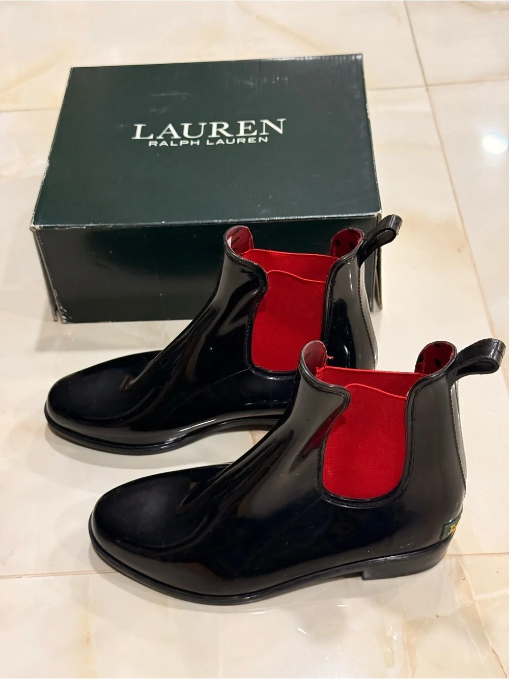 Polo by Ralph Lauren Black Patent Chelsea Boots with Red Elastic